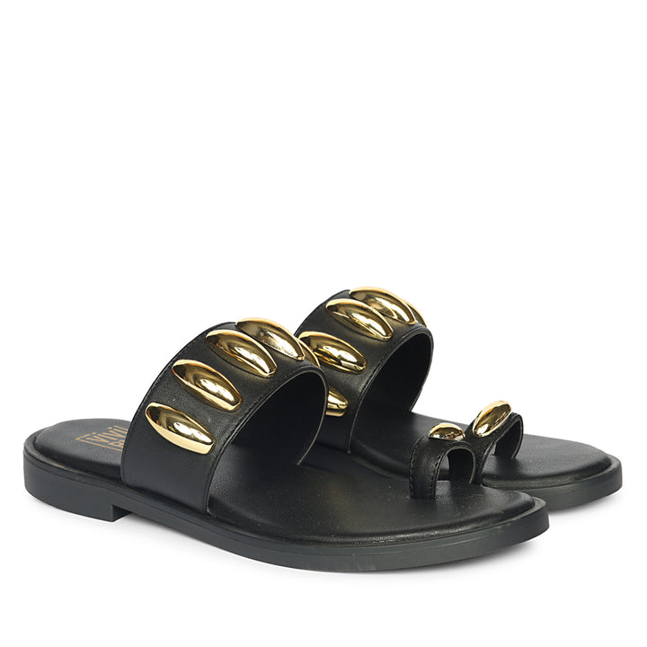 Maren Black Leather Flat Sandals