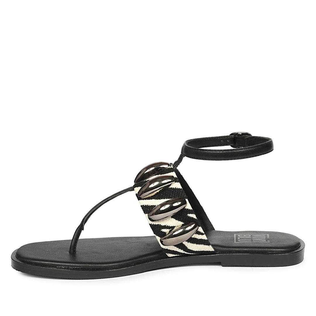 Arlette Black White Leather Flat Sandals
