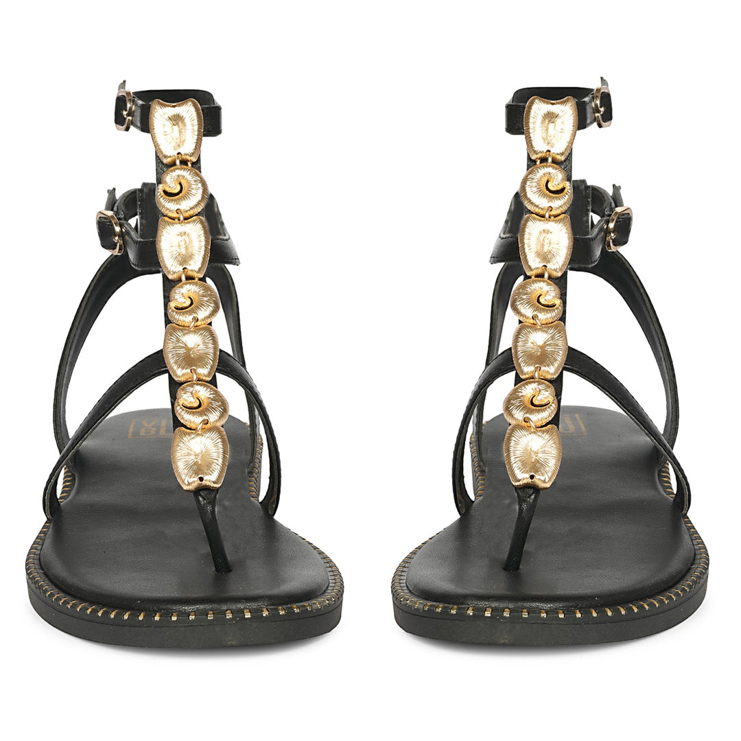 Estelle Black Leather Flat Sandals