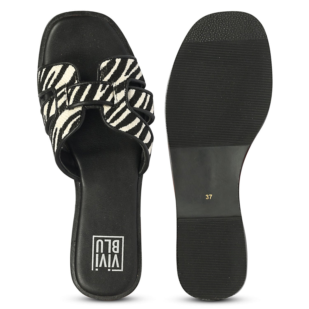 Aliana Black White Leather Flat Sandals