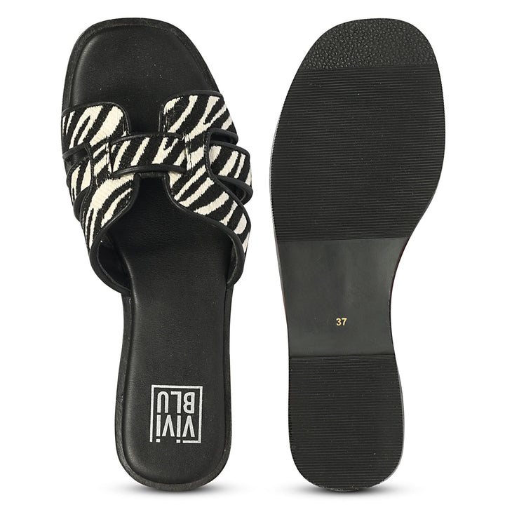 Aliana Black White Leather Flat Sandals