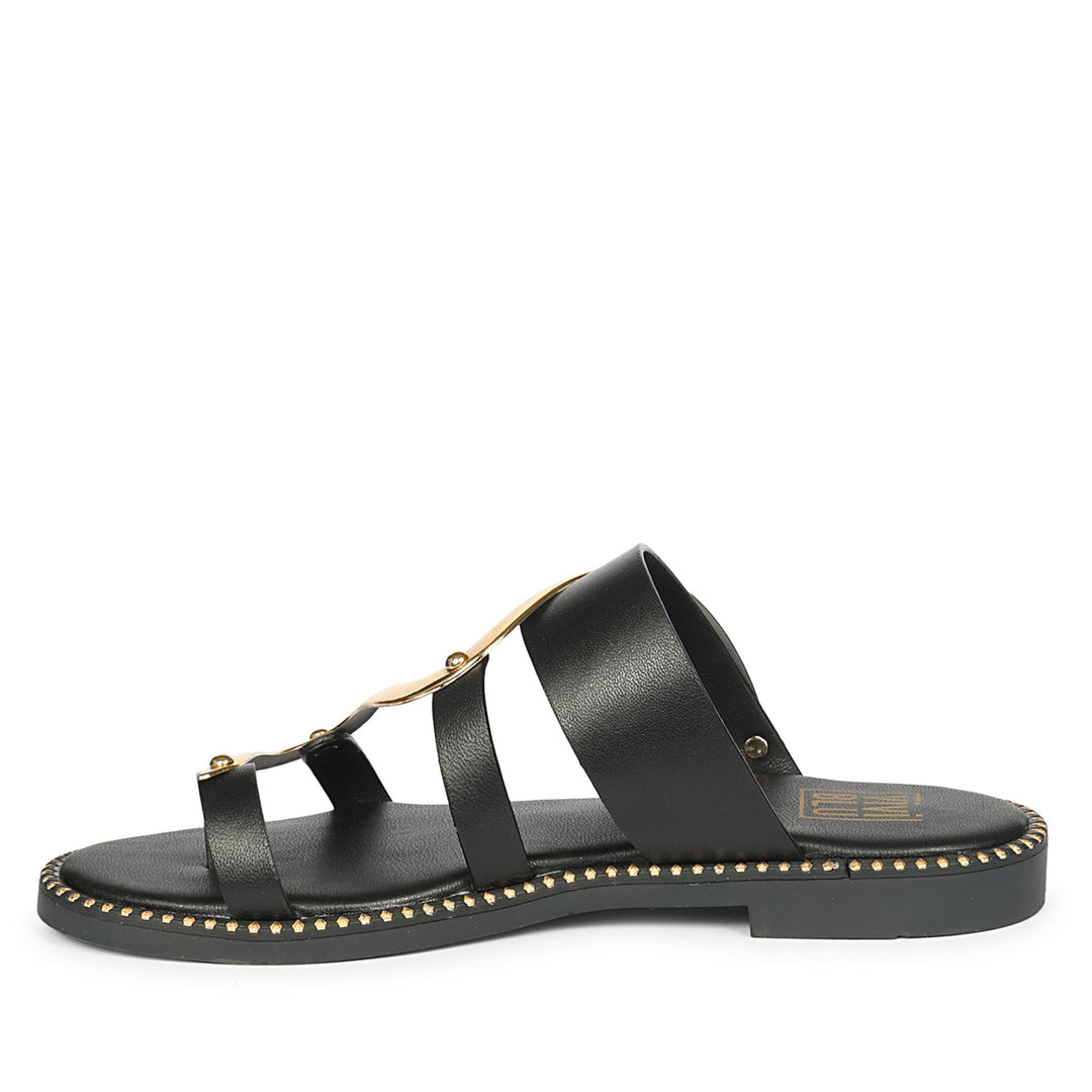 Layla Black Leather Flat Sandals