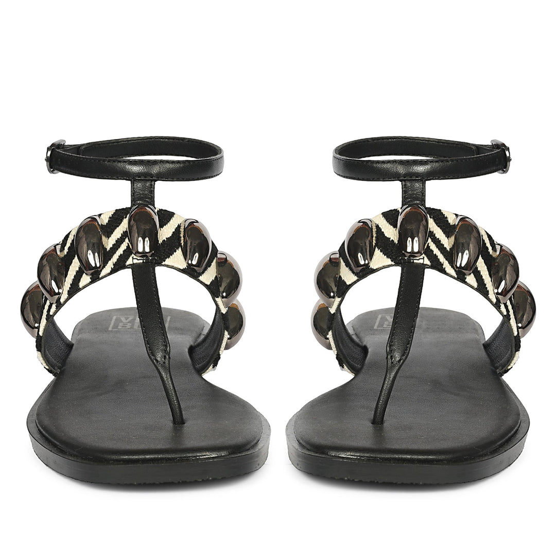 Arlette Black White Leather Flat Sandals