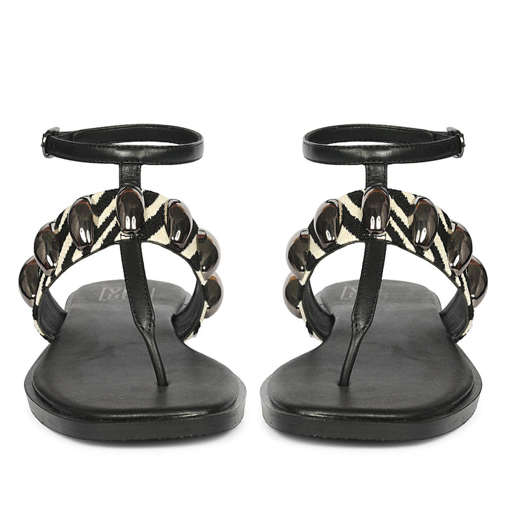 Arlette Black White Leather Flat Sandals