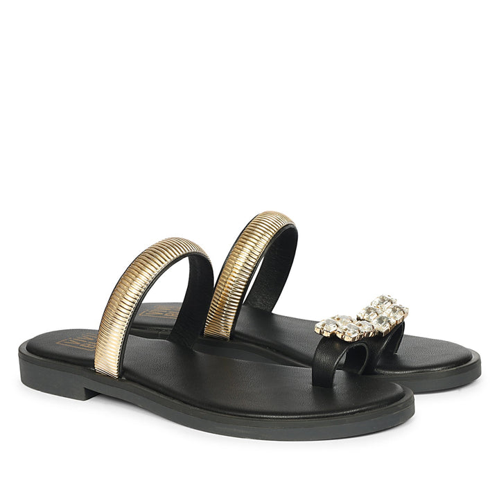 Stevie Black Leather Flat Sandals