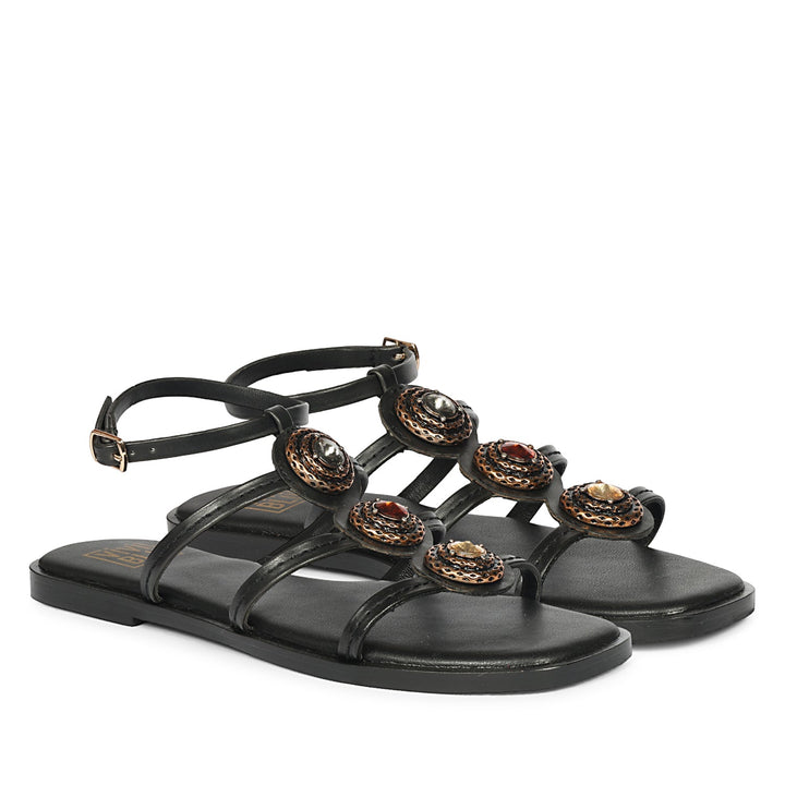 Natalie Black Leather Flat Sandals