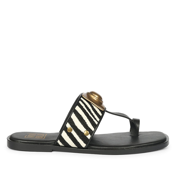 Lilian Black & White Leather Flat Sandals