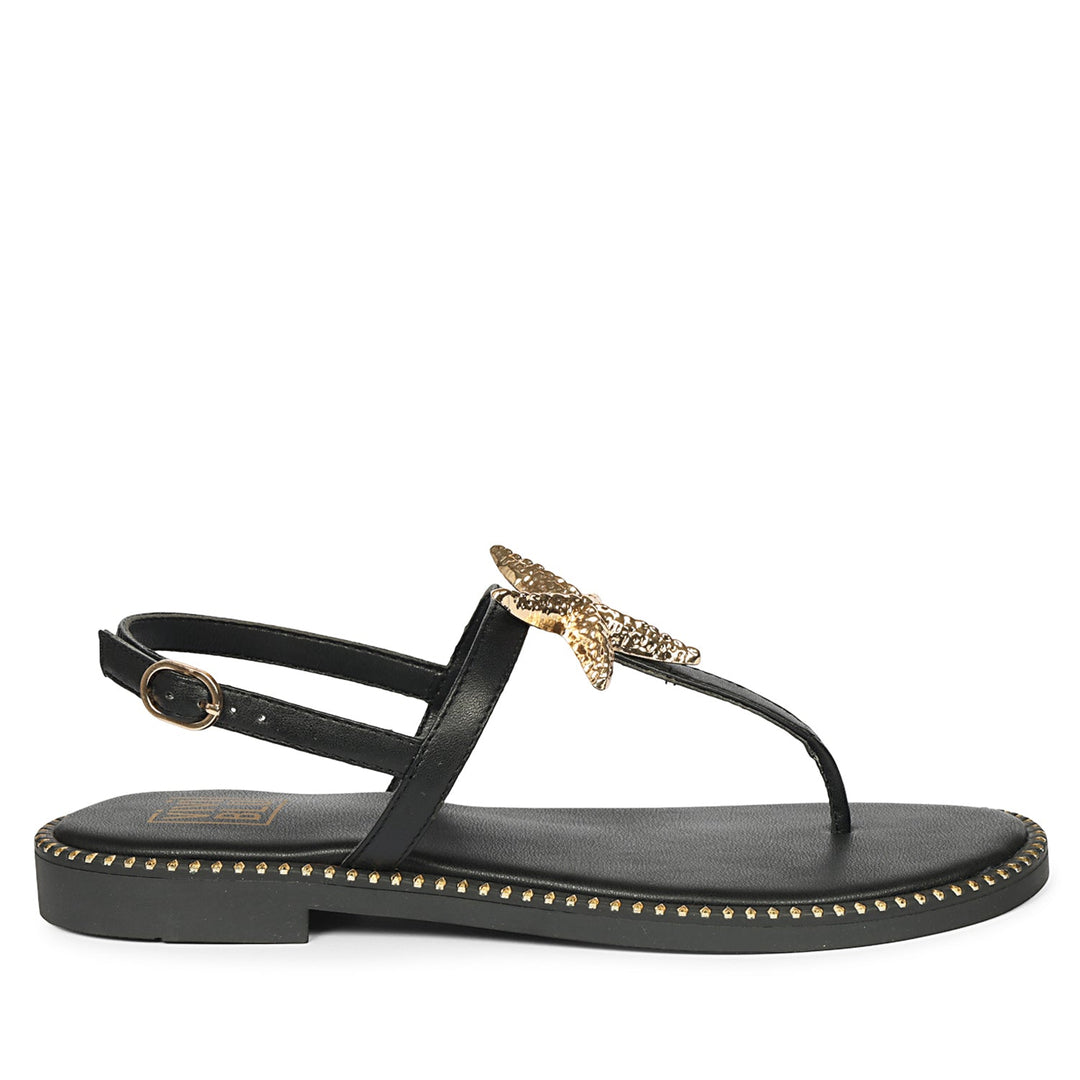 Melanie Black Leather Flat Sandals
