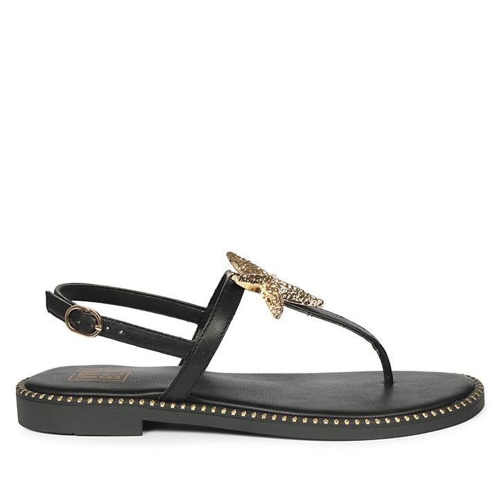 Melanie Black Leather Flat Sandals