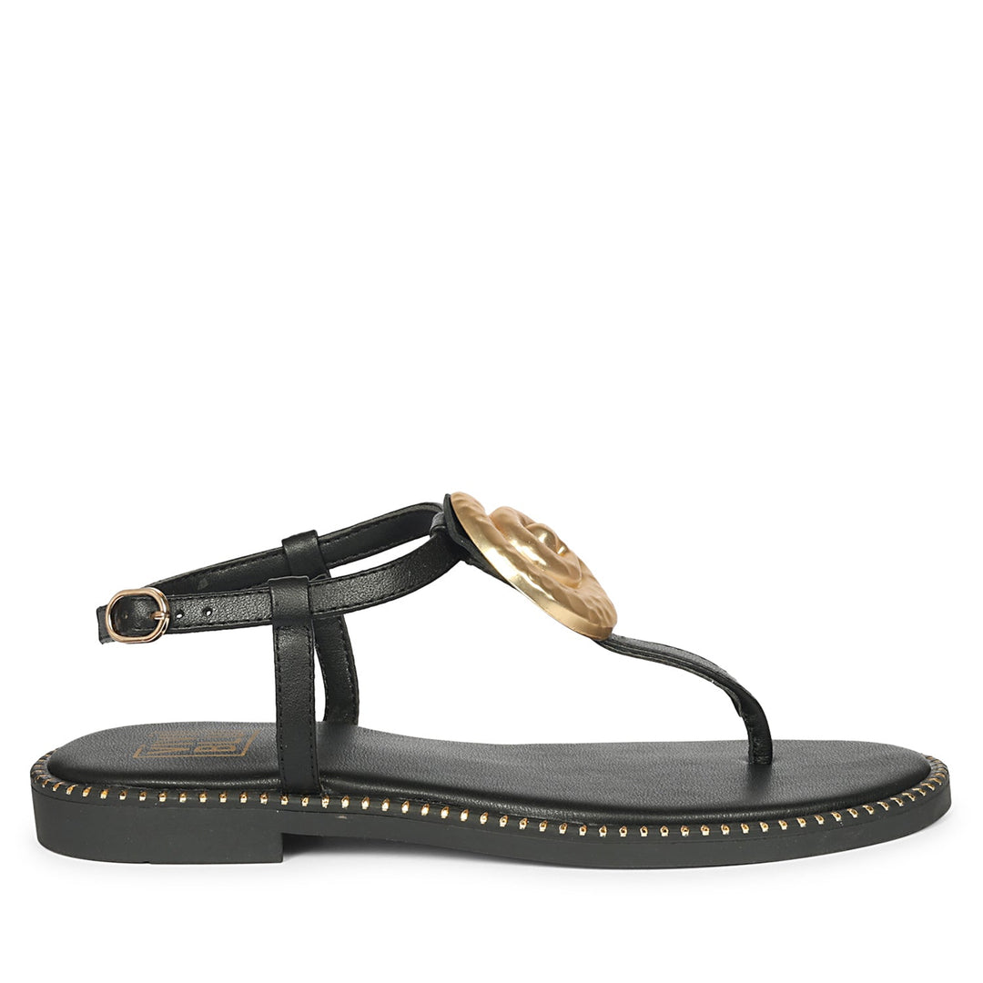 Amalia Black Leather Flat Sandals