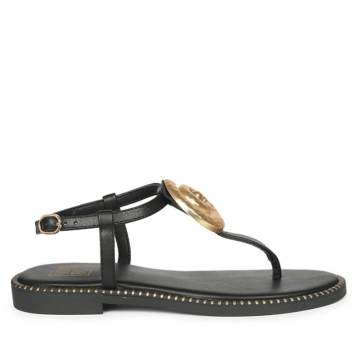 Amalia Black Leather Flat Sandals