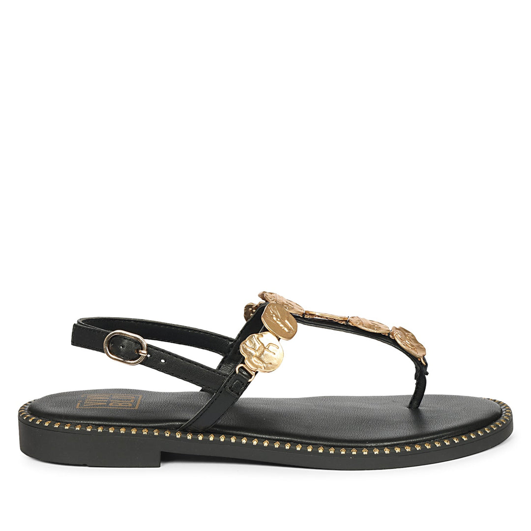 Averie Black Leather Flat Sandals