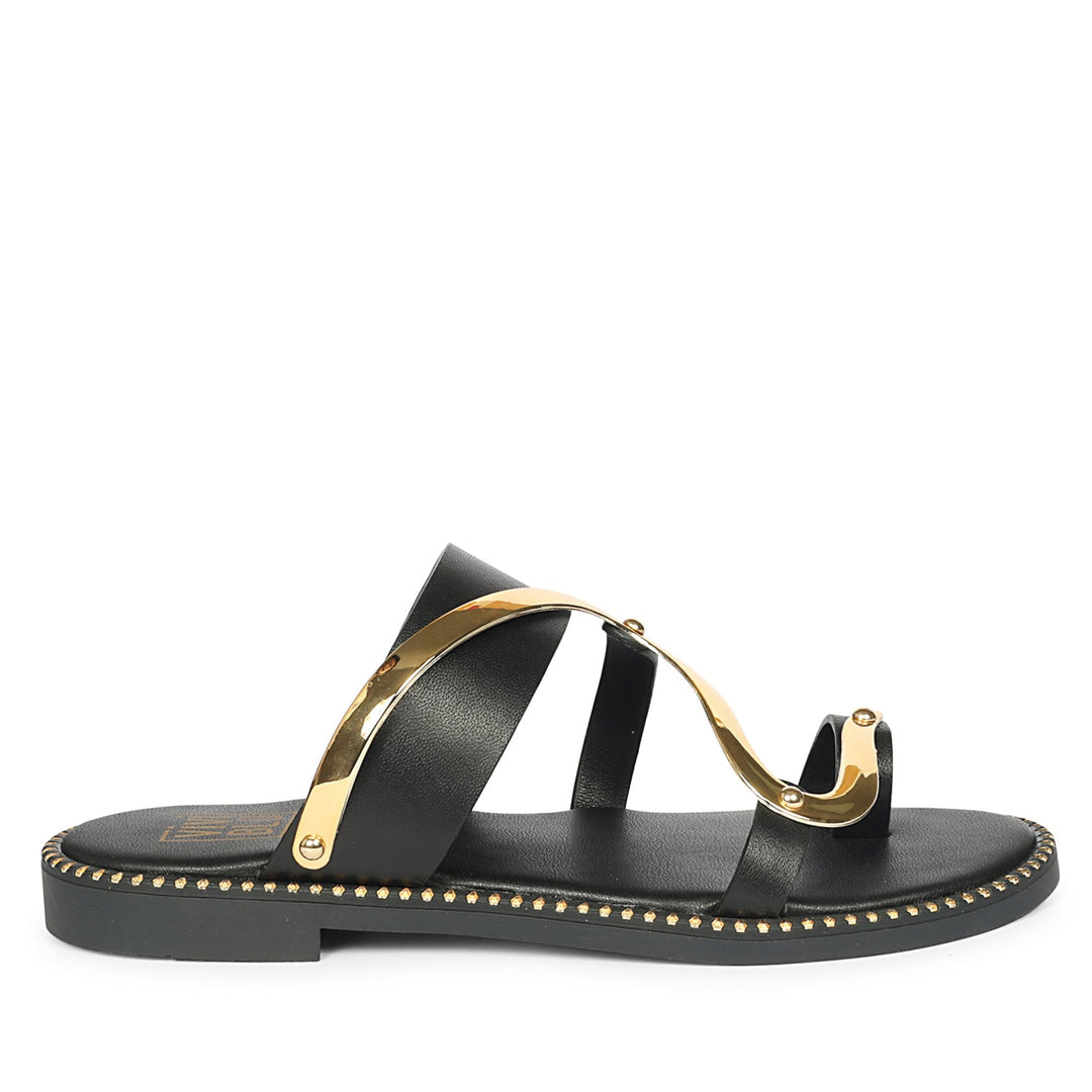 Layla Black Leather Flat Sandals