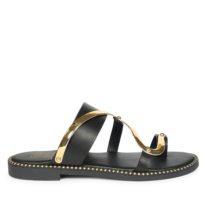 Layla Black Leather Flat Sandals