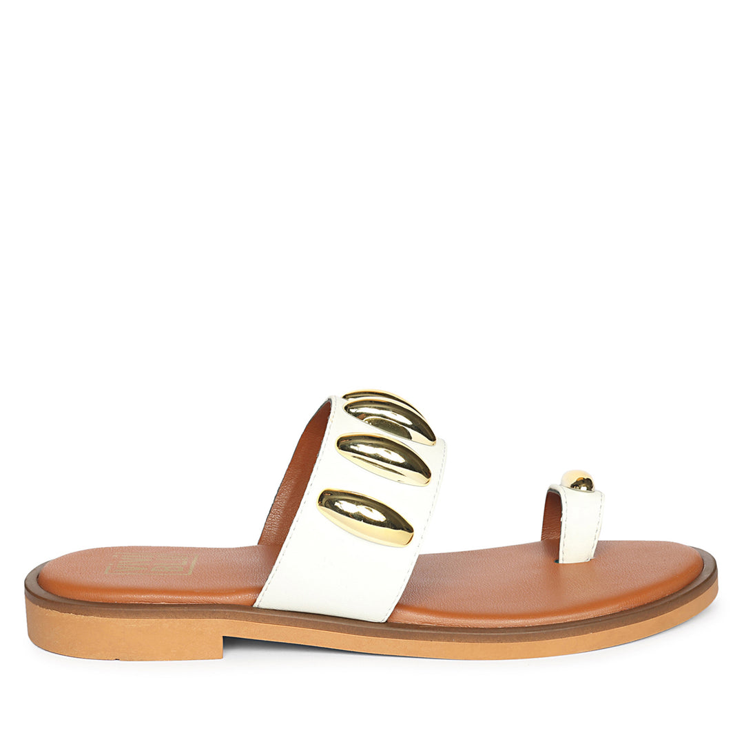 Maren White Leather Flat Sandals