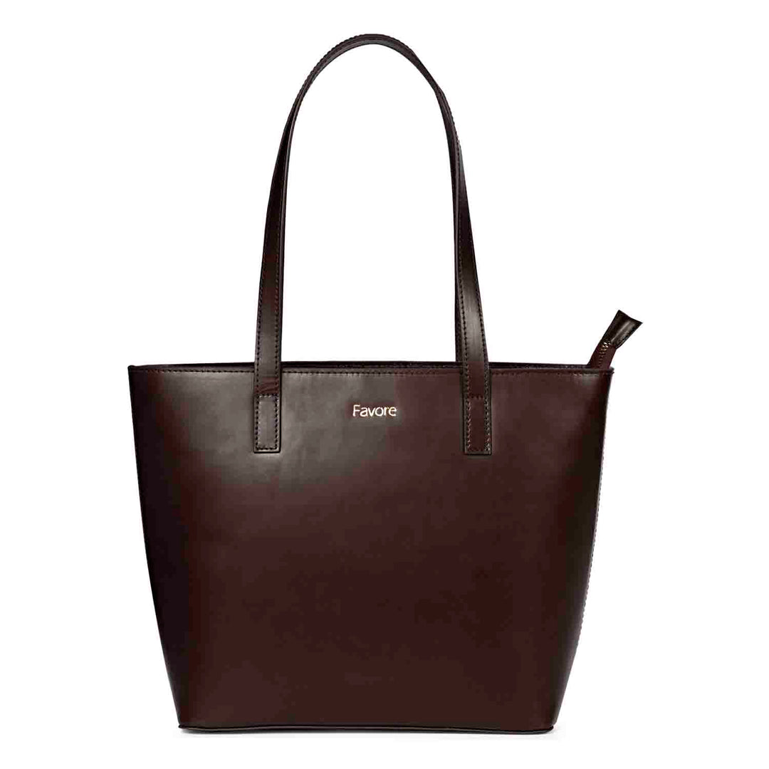 Favore Textured Dark Brown Leather Structured Shoulder Bag With a Small Pouch