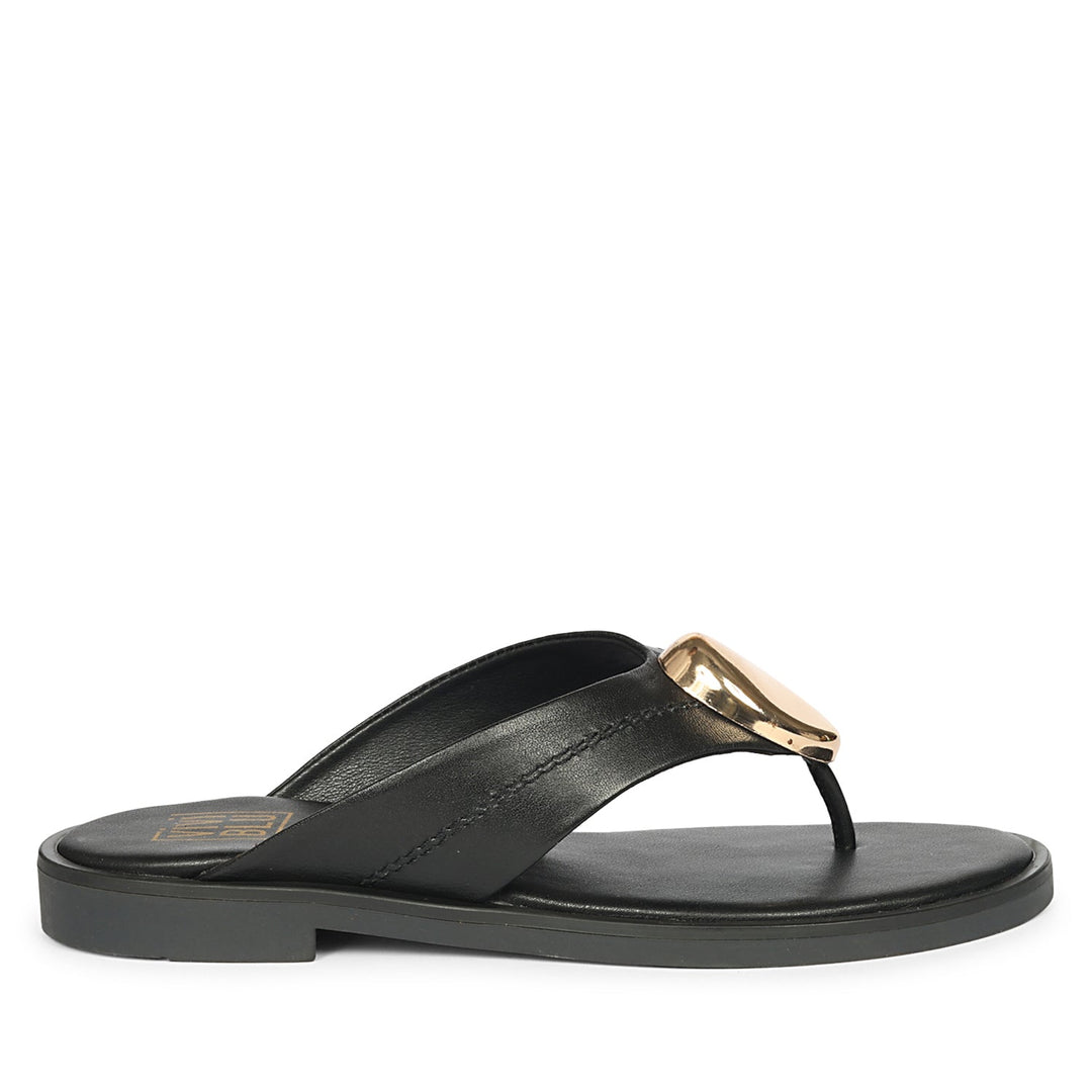 Leyla Black Leather Flat Sandals