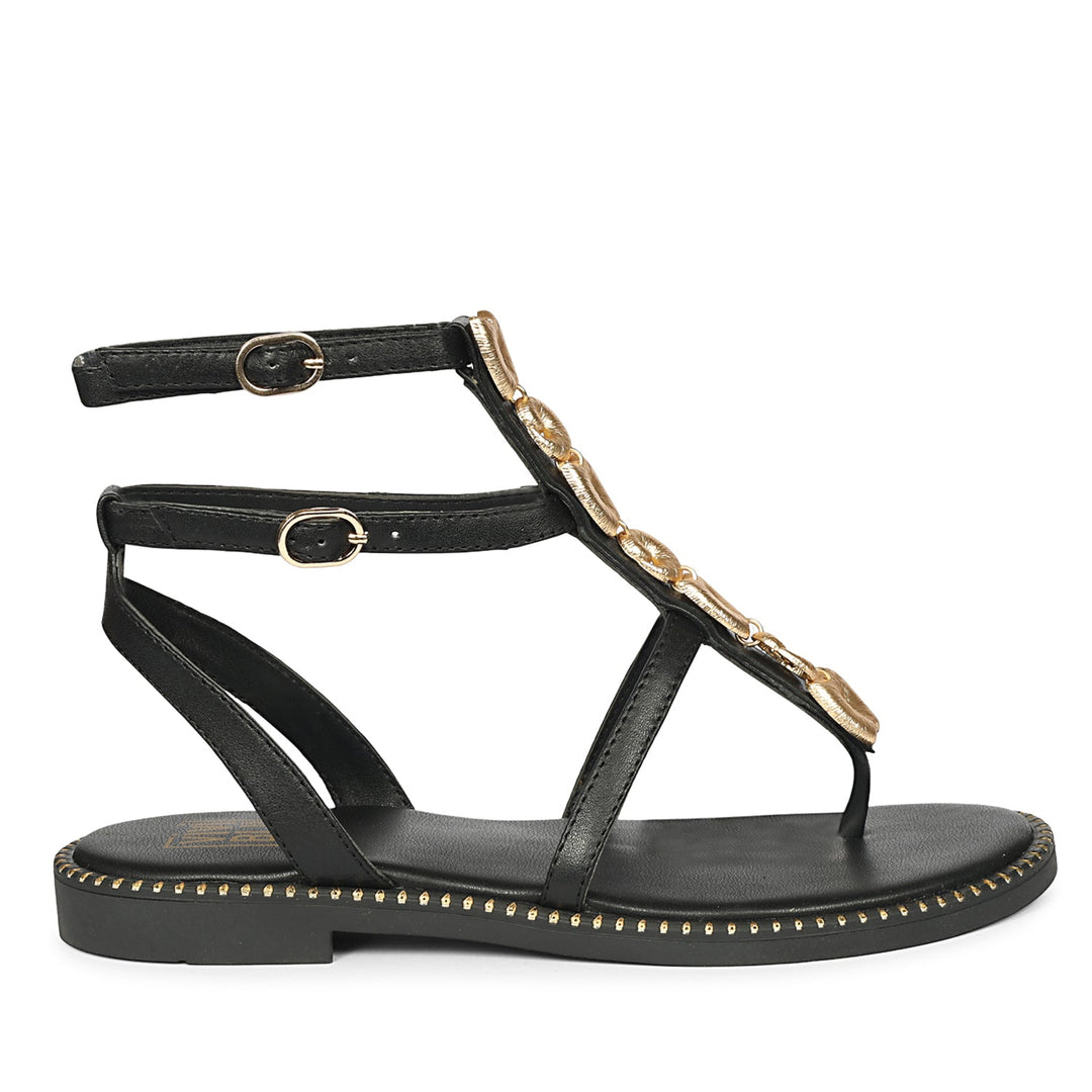 Estelle Black Leather Flat Sandals