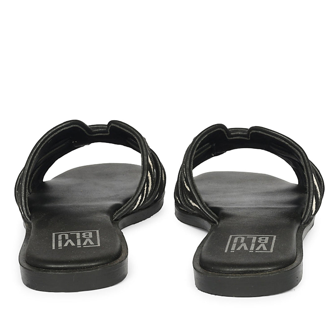 Aliana Black White Leather Flat Sandals