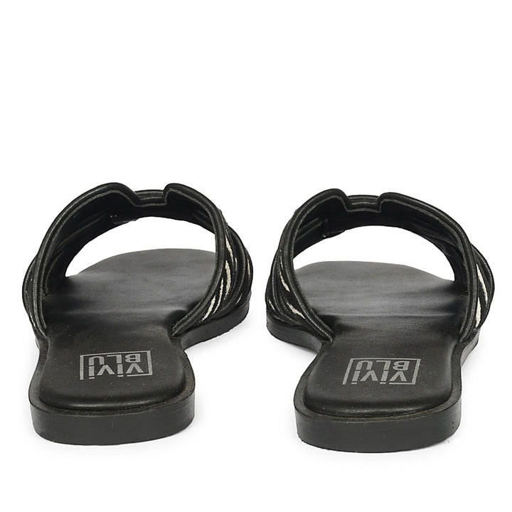 Aliana Black White Leather Flat Sandals