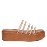 ViviBlu Tan Leather Platform Sandals Embellished With Gold Straps