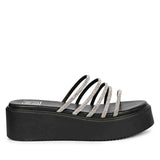 ViviBlu Black Leather Platform Sandals Embellished With White Straps