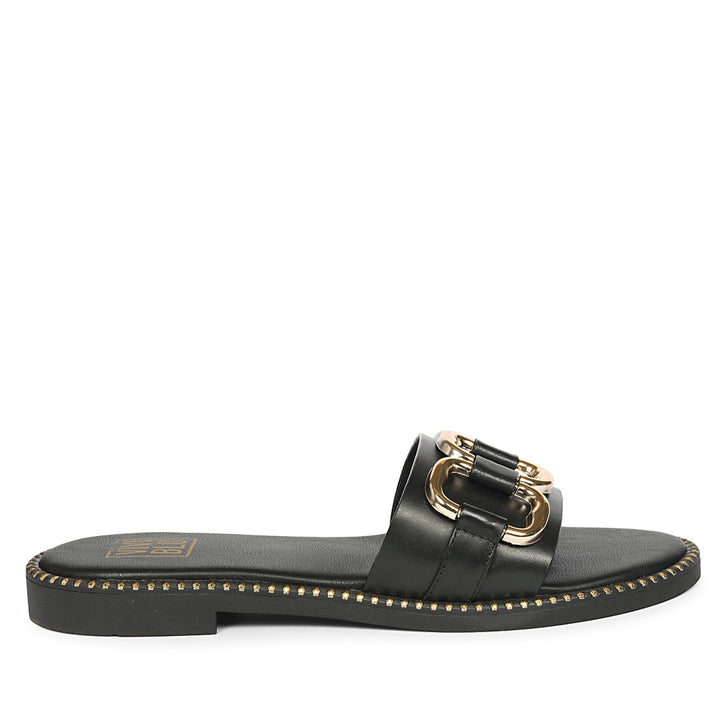 Eileen Black Leather Flat Sandals