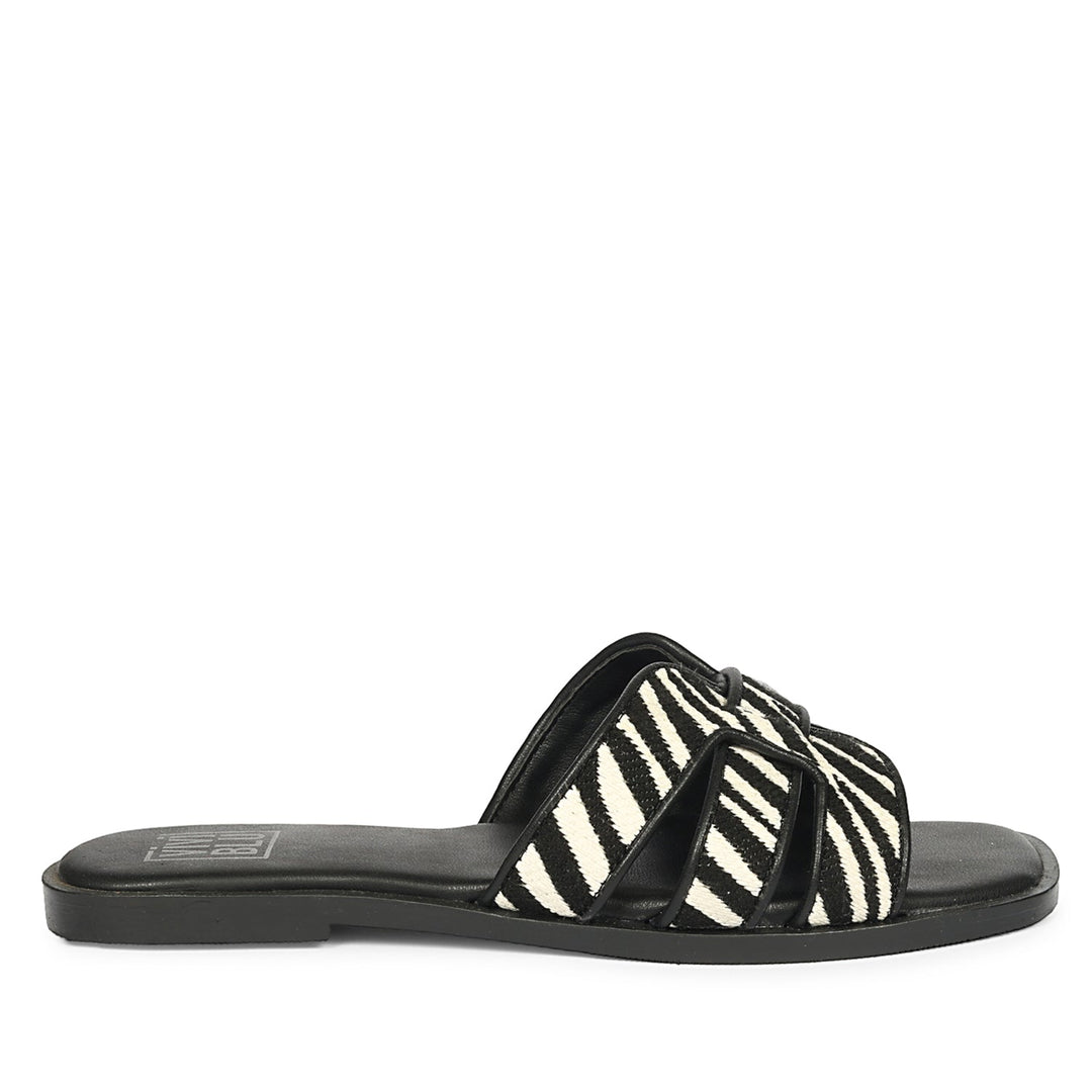 Aliana Black White Leather Flat Sandals