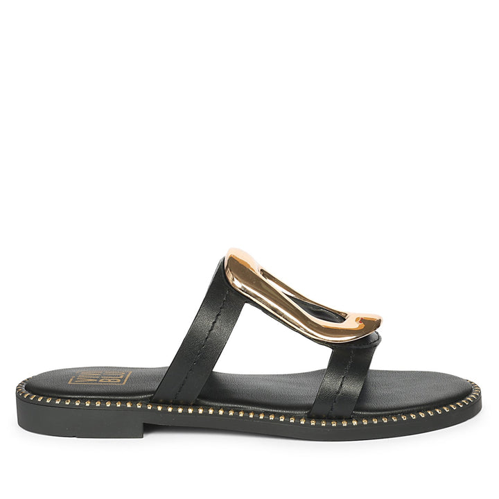 Reina Black Leather Flat Sandals