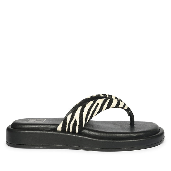 Jolene Black White Leather Flat Sandals