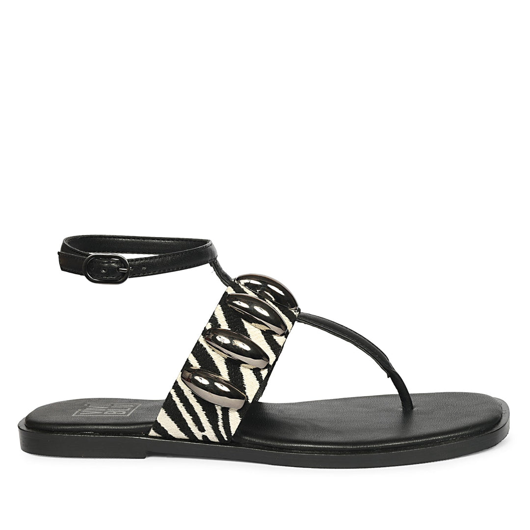 Arlette Black White Leather Flat Sandals