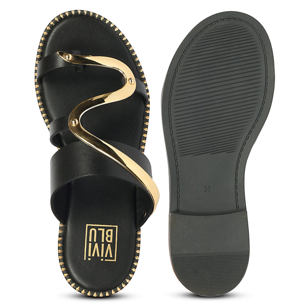 Layla Black Leather Flat Sandals