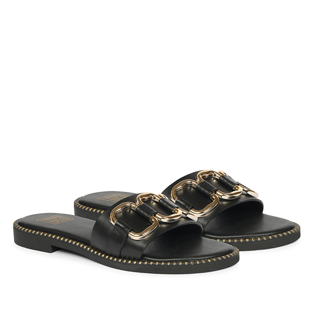 Eileen Black Leather Flat Sandals