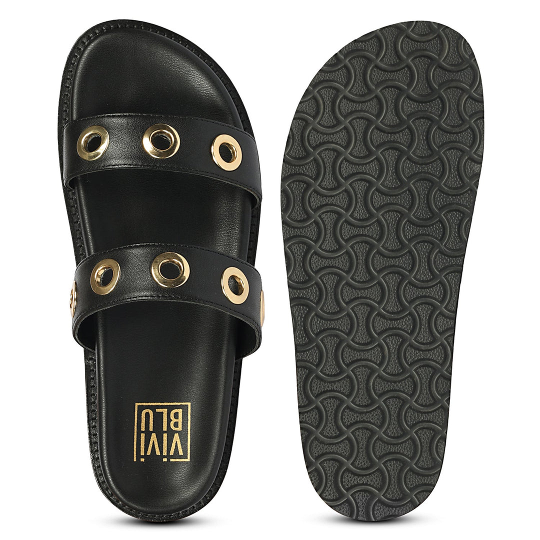 Davina Black Leather Footbed Sandals