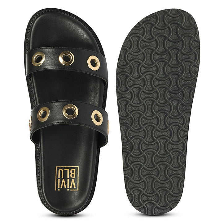 Davina Black Leather Footbed Sandals