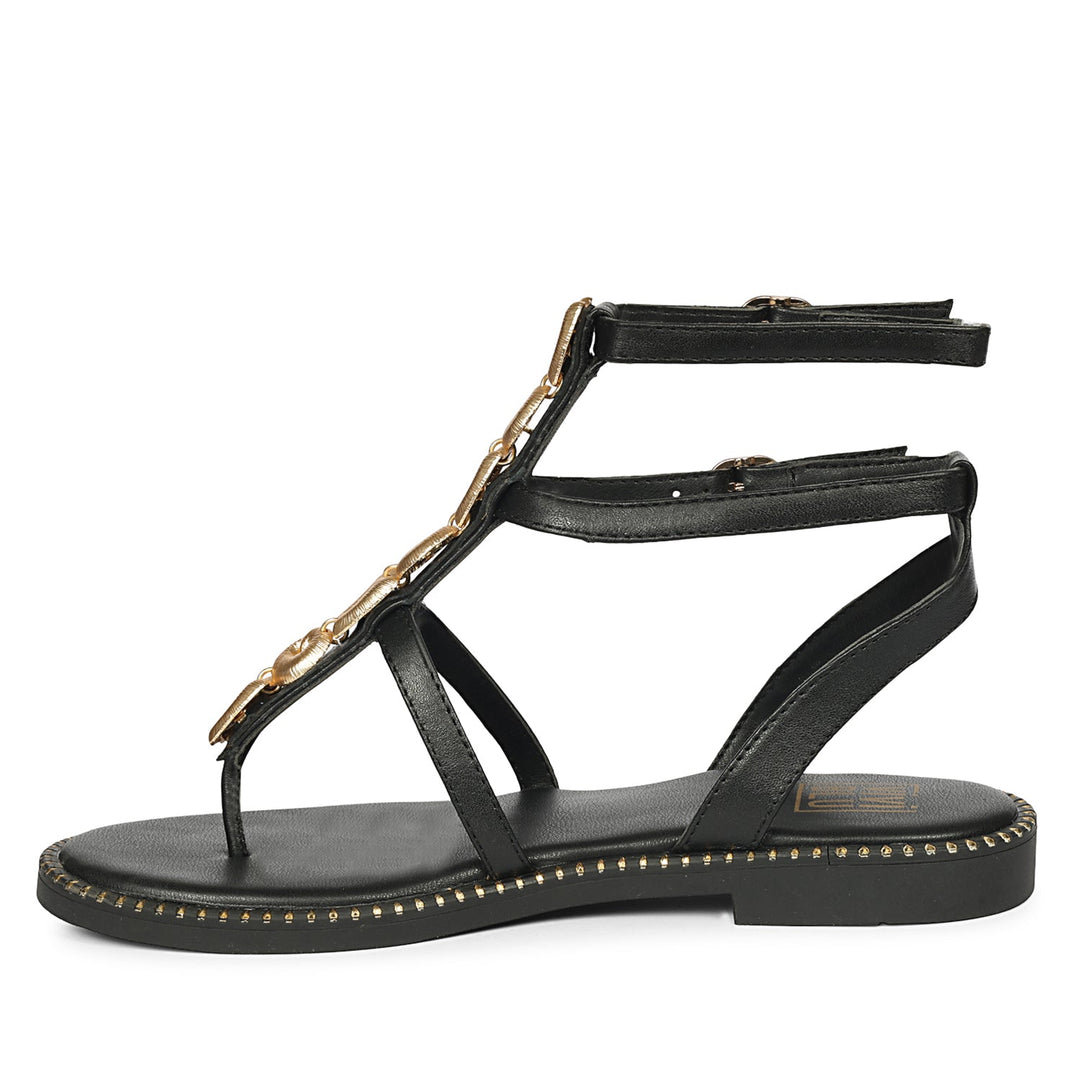 Estelle Black Leather Flat Sandals