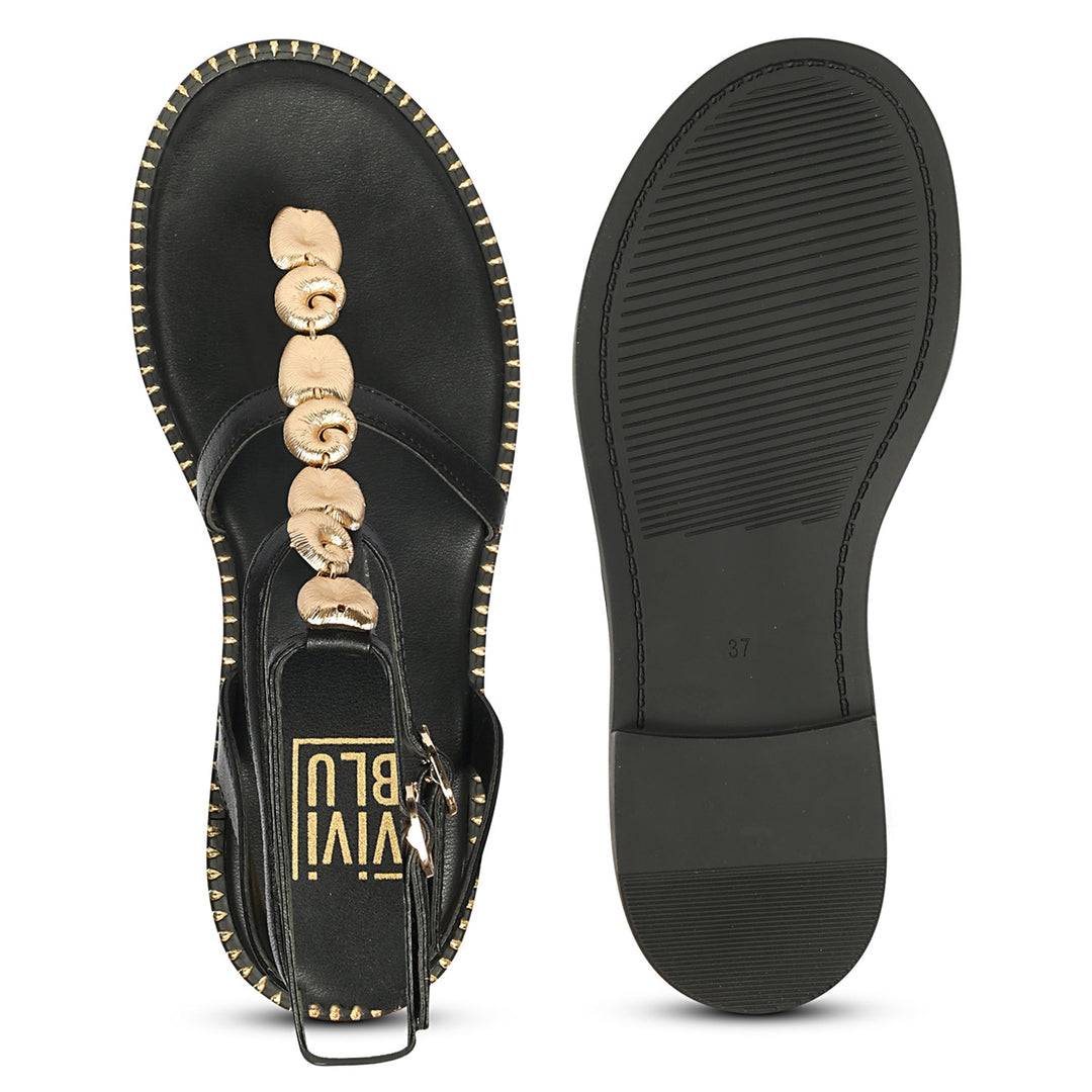 Estelle Black Leather Flat Sandals