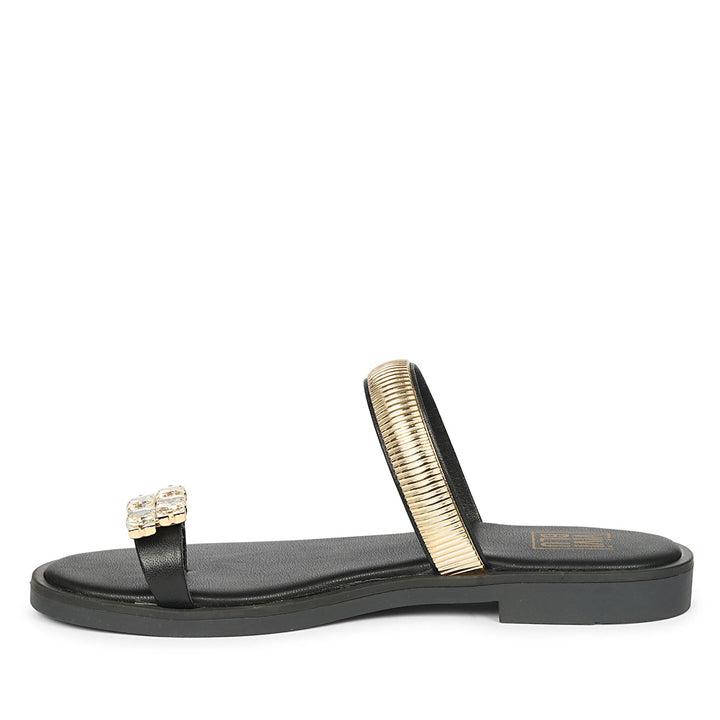 Stevie Black Leather Flat Sandals