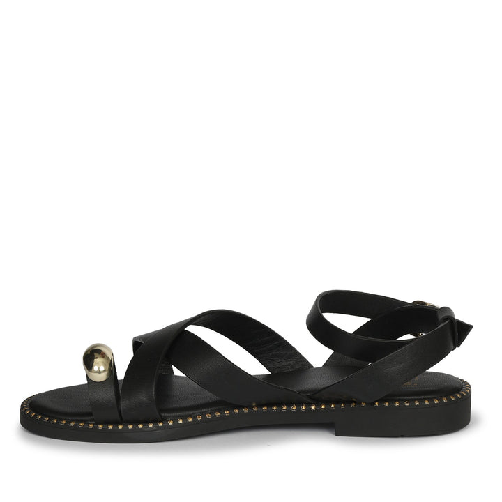 Reyna Black Leather Flat Sandals