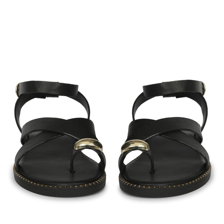 Reyna Black Leather Flat Sandals