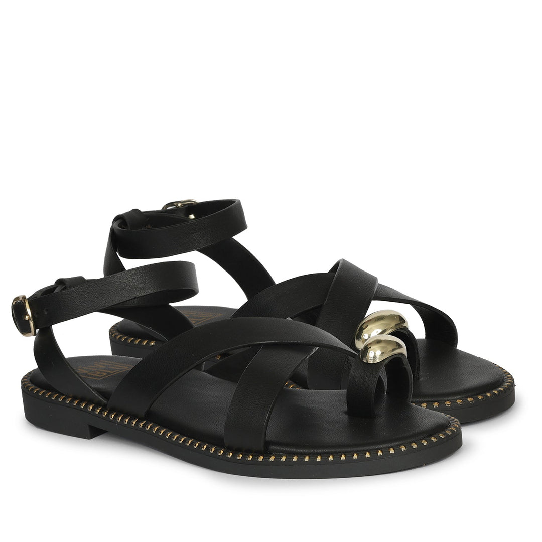Reyna Black Leather Flat Sandals