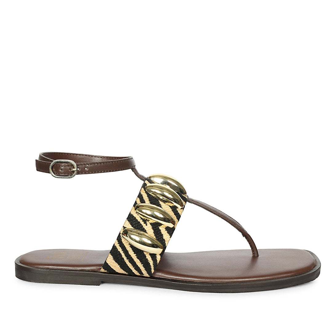 Arlette Black Beige Leather Flat Sandals