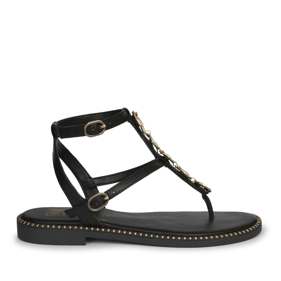 Gloria Black Leather Flat Sandals
