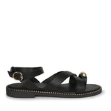 Reyna Black Leather Flat Sandals