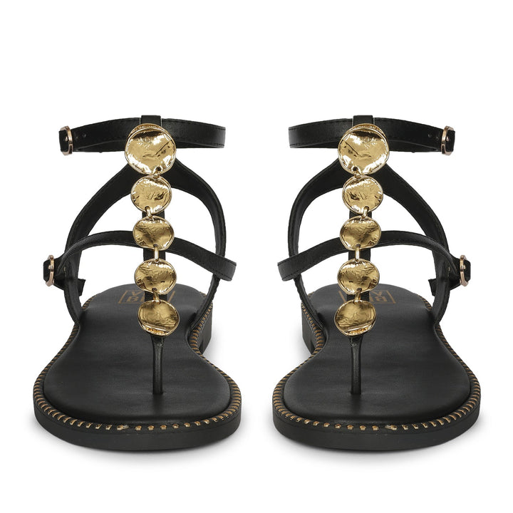Gloria Black Leather Flat Sandals