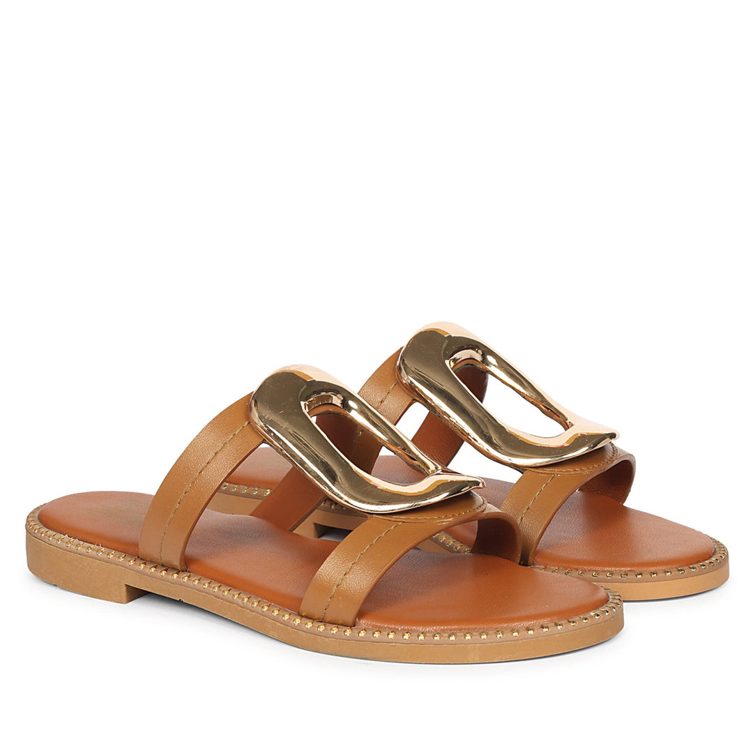 Reina Tan Leather Flat Sandals
