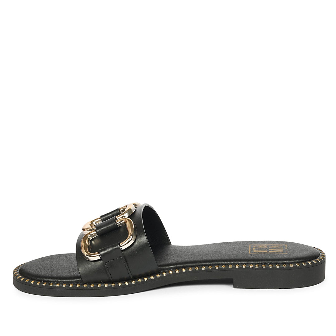 Eileen Black Leather Flat Sandals