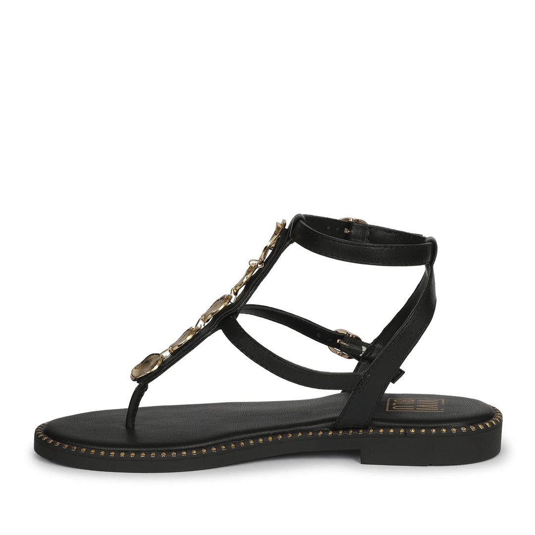 Gloria Black Leather Flat Sandals