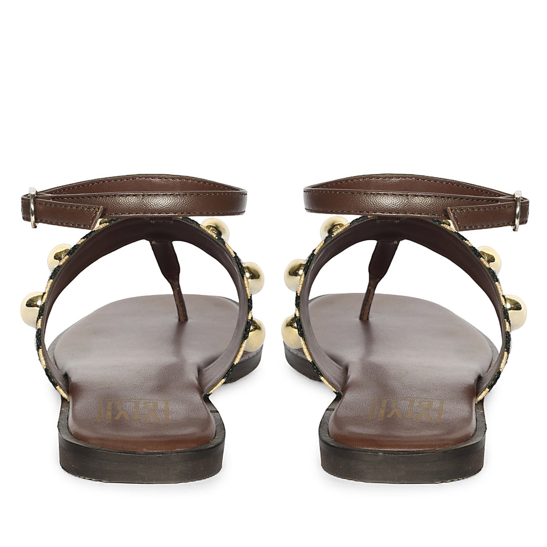 Arlette Black Beige Leather Flat Sandals