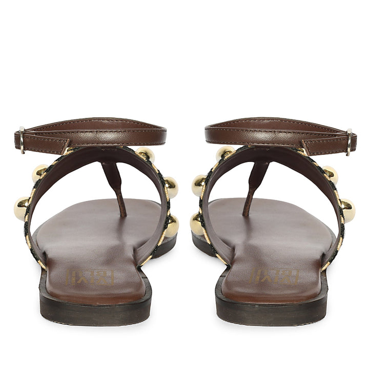 Arlette Black Beige Leather Flat Sandals